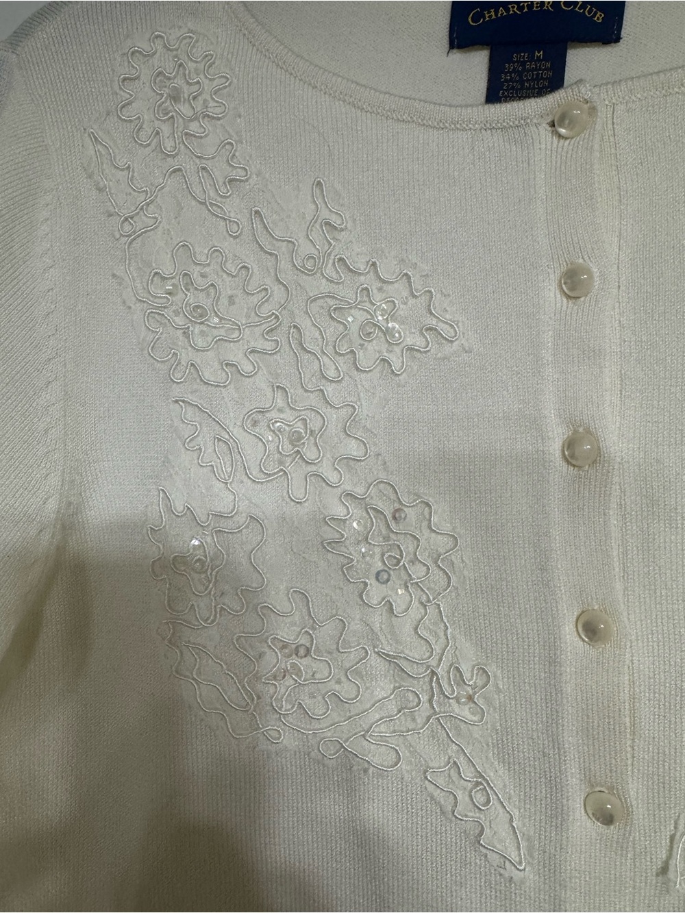 Charter Club Ivory Embroidered Button Cardigan - Picture 3 of 5